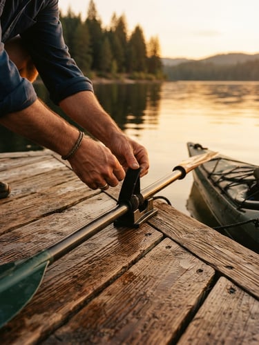 A close-up of hands securing a paddle on a wooden dock, warm golden hour light reflecting off calm reservoir water, 35mm