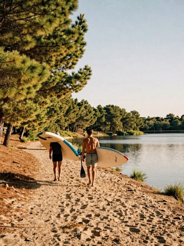 A warm editorial 35mm photo of two friends carrying paddleboards along a sandy path lined with pine trees toward a calm reservoir in Segovia under soft afternoon sun.