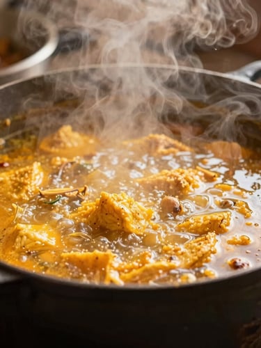 Close-up of a traditional Reunionese Cari simmering in a black cast-iron pot, steam rising, warm golden kitchen lighting, intimate shallow depth of field.