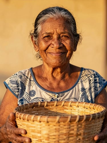 Close-up portrait of an elder Reunionese woman smiling warmly, holding a traditional woven basket, warm golden-hour light