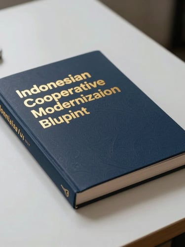 Authoritative book mockup of Indonesian Cooperative Modernization Blueprint, gold foil accents on dark navy cover, resting on a clean minimalist desk