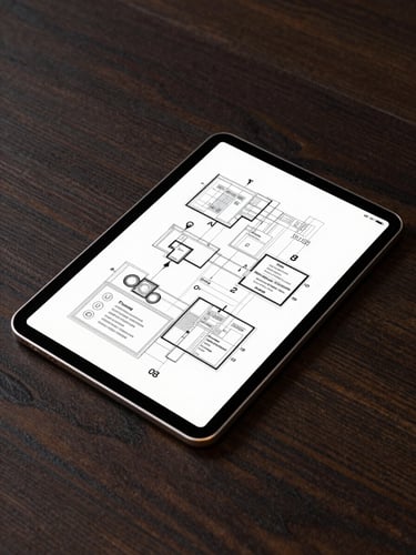 Flat-lay mockup of a premium digital tablet displaying a clean, gold-accented business blueprint on a dark wooden desk, high-contrast studio lighting.