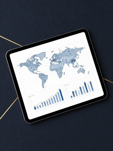 Flat-lay of a modern digital tablet displaying a national economic blueprint document, set against a dark navy textured background with subtle gold metallic lines.
