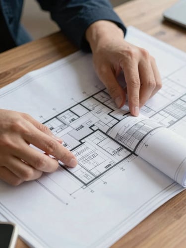 Close-up of hands analyzing a clean, high-contrast architectural blueprint and financial spreadsheet on a wooden desk, daylight, professional editorial style.