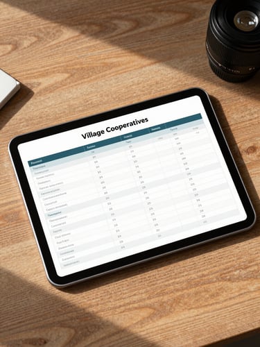 A clean flat-lay of a modern tablet displaying a structured financial spreadsheet for village cooperatives, natural daylight casting soft shadows on a wooden desk