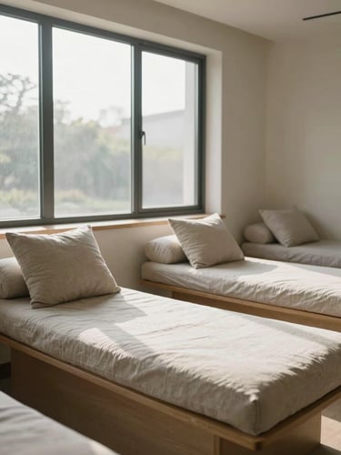 Wide view of a calm therapy room interior — soft linen cushions on a low bench, morning light entering through a large north-facing window, no people, quiet and airy