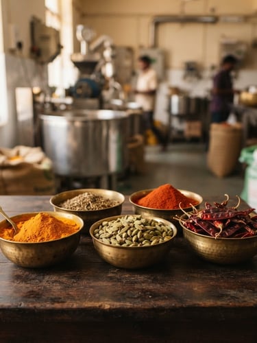 Wide shot of raw, vibrant Indian spices (turmeric, cardamom, chili) arranged neatly in brass bowls on a dark wooden surface, with a blurred background of clean stainless steel industrial food processing equipment, warm natural side-light, rich earth tones, shallow depth of field, 35mm lens.