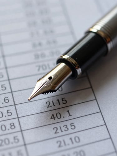 Extreme close-up macro shot of a fountain pen resting on highly detailed financial spreadsheets with structured data tables, cool daylight