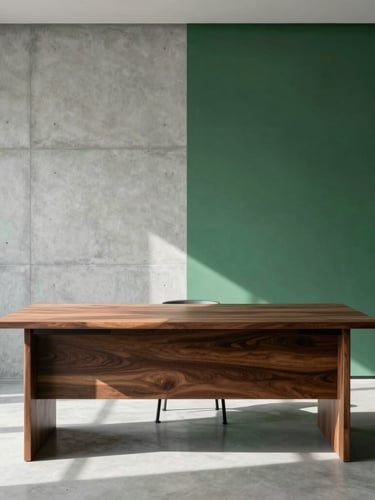 Sunlit empty modern workspace with a walnut desk, clean concrete wall, minimal architectural lines, sharp 35mm photography