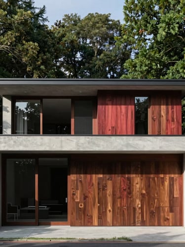 Flat-on orthographic elevation of a modern concrete and walnut dwelling in sharp natural daylight with deep shadows, 35mm photographic style.