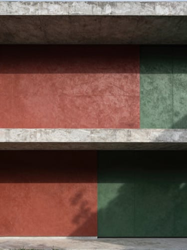 Editorial architectural photography of a minimalist concrete dwelling facade, sharp natural daylight casting deep geometric shadows, rich crimson and forest green undertones, 35mm.