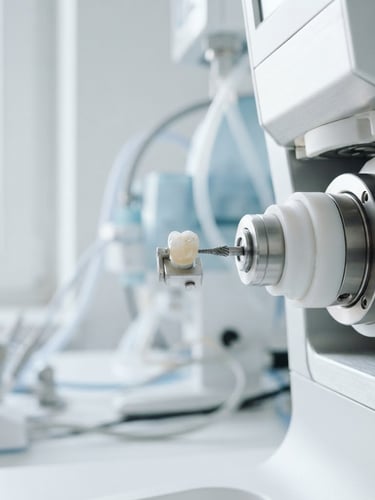 Macro shot of modern dental technology, pristine, clinical white and soft blue tones, sharp focus, natural daylight, high-end architectural lens, off-center to the right.