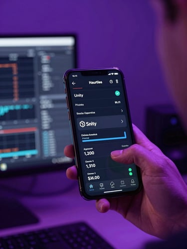 Over-the-shoulder macro shot of a game developer analyzing real-time Unity analytics on a high-contrast mobile screen in a dark Austin studio, neon violet ambient backlighting, 35mm