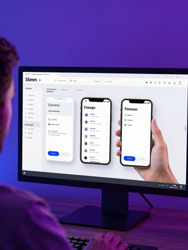Over-the-shoulder view of a game developer analyzing a clean mobile UI wireframe on a high-end monitor, moody neon violet and blue backlighting, 35mm