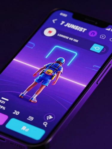 Macro high-contrast photograph of a mobile smartphone screen displaying a vibrant 3D game interface, sharp neon indigo and violet ambient lighting, dark studio background, 35mm.