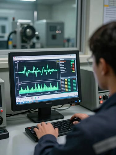 Over-the-shoulder view of a maintenance technician reading a vibration analysis screen in a dimly lit control room, monitor glow illuminating the data display with waveform charts and frequency graphs, industrial equipment visible through a window behind