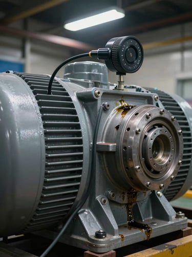 Extreme close-up of a large industrial electric motor housing, a vibration sensor mounted on the bearing cap with cable running along the casing, overhead industrial lighting, oil stains and metal wear visible on the surface, dark factory environment
