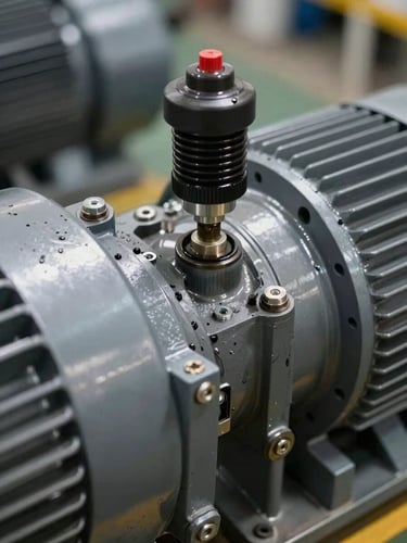 Extreme close-up of a vibration sensor bolted to the housing of an industrial electric motor in operation, industrial overhead fixtures casting hard shadows, grease and machining marks visible on the metal surface, practical factory lighting, no people
