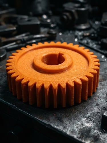 Macro photography of a high-precision mechanical gear printed in orange FDM filament, showing crisp layer lines and dimensional accuracy, dark industrial background, dramatic side-lighting
