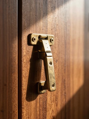 Macro photograph of a heavy, custom-milled brass hinge joint on a rich walnut cabinet, warm low-angle afternoon sun casting deep architectural shadows, shallow depth of field