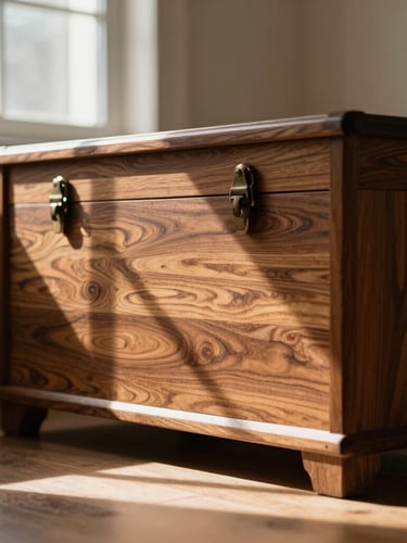 Warm editorial photography of a walnut storage trunk in a sunlit room, low-angle afternoon window light, deep shadows emphasizing rich wood grain, shallow depth of field.