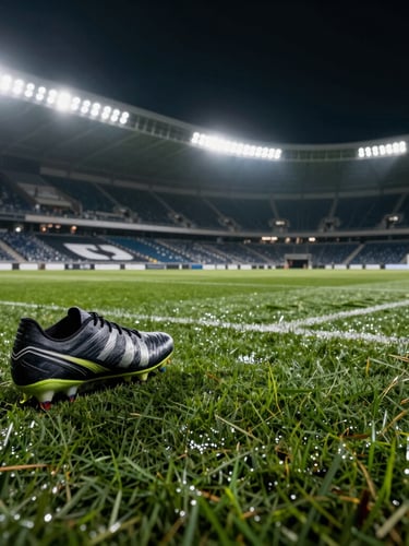 Wide panoramic macro shot of wet stadium turf and football boot studs to the left third, illuminated by dramatic high-contrast night floodlights, expansive deep shadows on the right.