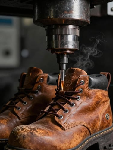 Macro shot of a heavy-duty safety boot sole being directly injected onto the leather upper in an industrial molding machine, high-contrast side lighting, sparks or vapor visible, deep charcoal and warm leather tones, sharp detail, 35mm.