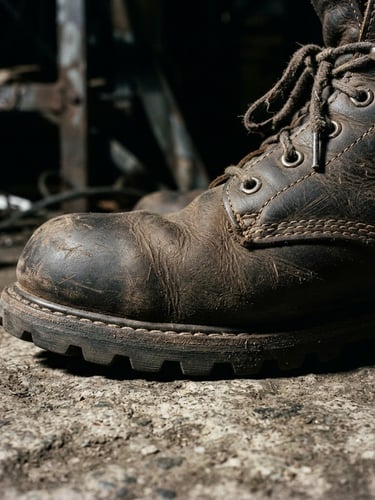bota de segurança de couro de alta gramatura em concreto industrial, textura do couro em destaque, iluminação lateral de alto contraste, tons de carvão e couro quente, macro detalhe, 35mm