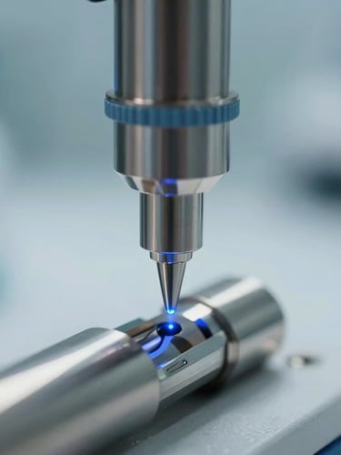 Macro close-up of a high-precision digital dry block calibrator probe inserting into a sterile metal sleeve, cool clinical lighting, shadow-free, sharp laser blue highlights, portrait aspect ratio.