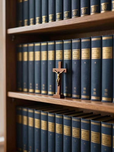 A beautiful home library bookshelf filled with elegant dark blue and gold books, a small wooden crucifix standing nearby, soft warm light, 35mm