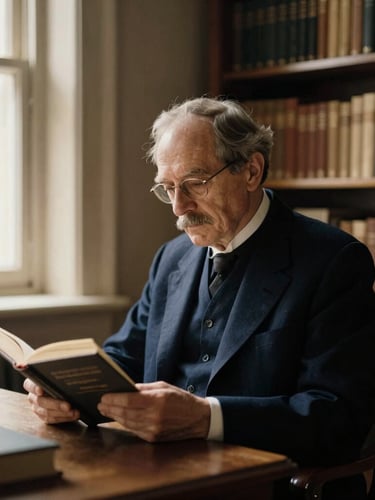 Classic portrait of a Catholic writer in a quiet study room surrounded by bookshelves, soft warm daylight from a side window, reading a book, sepia-toned editorial styling