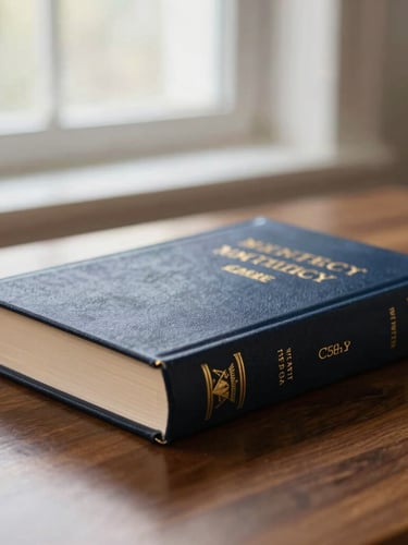 Side profile of an elegant theological book cover with gold foil lettering, resting on a dark oak study desk, soft natural window light, shallow depth of field