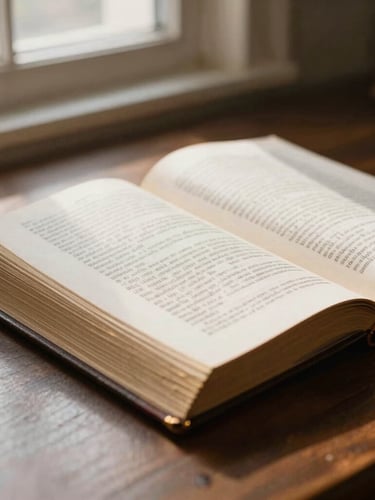 Close-up of an open classical leather-bound theological book on a dark wooden study desk, warm natural window light casting soft shadows, gold leaf page edges visible, 35mm photography
