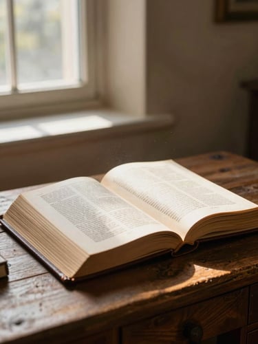 An open leather-bound theological book on a rustic wooden desk, illuminated by soft golden morning sunlight streaming through a chapel window, dust motes visible in the air