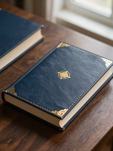 Overhead flatlay of premium leather-bound books with gold foil details on a dark oak desk, soft window light, warm editorial photography, 35mm
