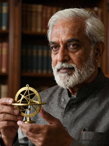 Close-up portrait of Ravinder Pandit in a quiet, dark-wood library, holding an antique brass astrolabe, illuminated by warm directional window light.