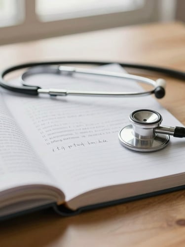 Close-up of a medical textbook, clean stethoscope, and neat handwritten notes on a warm oak desk, soft morning side light, shallow depth of field
