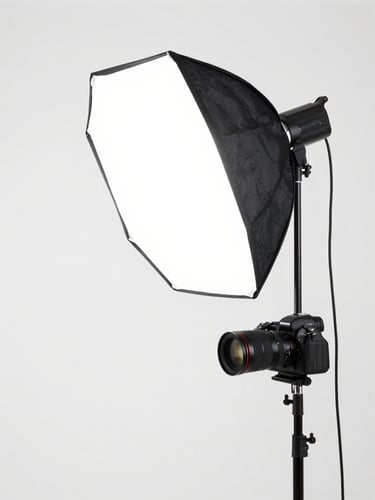 Professional studio monolight flash with softbox attachment, clean white studio backdrop, bright high-key lighting