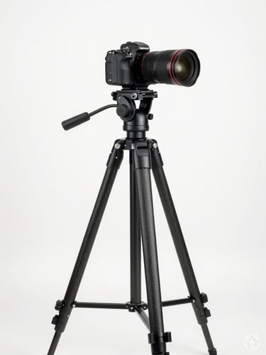 Carbon fiber professional tripod with fluid video head, clean white studio backdrop, sharp product shot