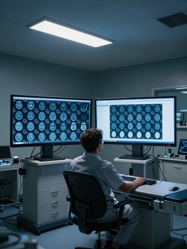 Wide shot of a radiology reading suite, two large DICOM monitors glowing in a darkened room, a radiologist seated and concentrating on MRI brain slices, cool blue-white fluorescent ambient light, clinical environment, no eye contact with camera