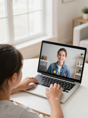 Over-the-shoulder shot of a young student focused on a laptop screen showing a live video lesson, bright natural light in a tidy modern living room