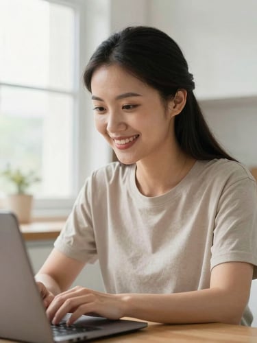 Medium close-up of a smiling volunteer teacher in a bright kitchen looking at her laptop screen with a warm, authentic expression, natural window light, shallow depth of field