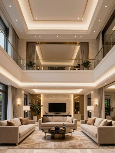 Straight-on architectural shot of a luxury villa living room in Gurgaon, double-height ceiling, layered ambient lighting, champagne gold accents.
