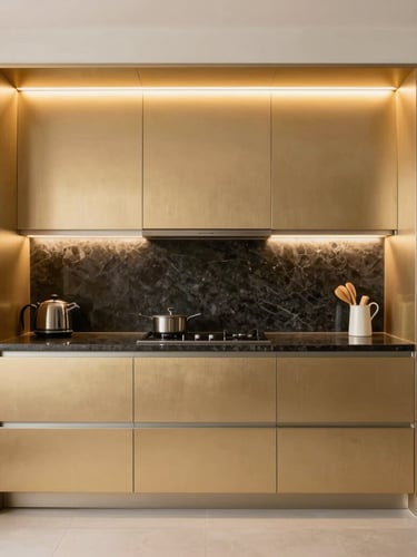 Straight-on architectural perspective of a luxury modular kitchen in Gurgaon, warm integrated LED lighting highlighting champagne gold profiles and dark quartz countertops, crisp off-white walls.