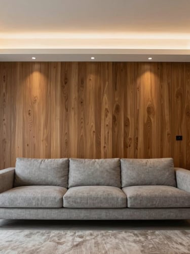 Straight-on architectural shot of a luxurious modern living room in Gurgaon, warm integrated LED lighting, custom oak wall paneling, low-profile grey linen sofa, minimalist aesthetic.