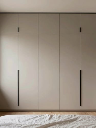 Straight-on architectural perspective of a modern 3 BHK bedroom in Noida, floor-to-ceiling modular wardrobes, soft natural light.