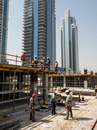 Wide documentary shot of a construction crew active on a UAE high-rise site — workers in hard hats installing structural formwork from a scaffold platform, natural midday sunlight casting sharp shadows, site stretching into the background, no faces turned to camera