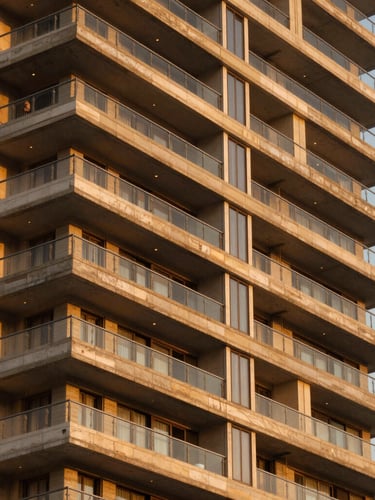 Dramatic golden hour close-up of a luxury high-rise cantilevered balcony in Vadodara, architectural symmetry, warm interior lights glowing, clean lines.