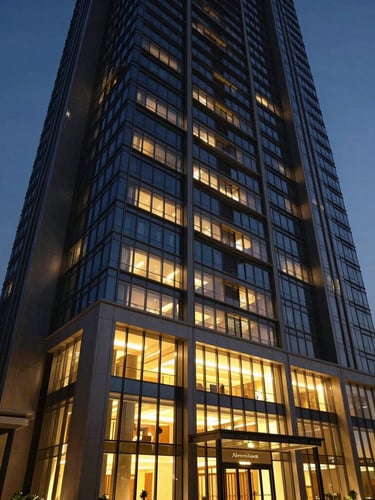 Dramatic twilight exterior of a modern luxury high-rise in Alkapuri, warm interior lights glowing through floor-to-ceiling glass, clean architectural lines against a deep dusk sky.