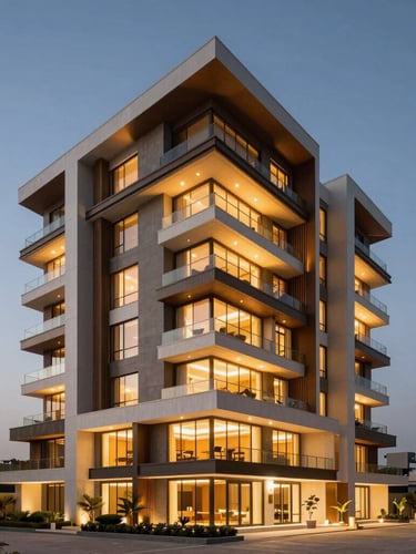 Wide-angle architectural symmetry of a luxury modern penthouse exterior in Vadodara at dusk, glowing warm interior lighting, cantilevered balconies, clean geometric lines, twilight sky.